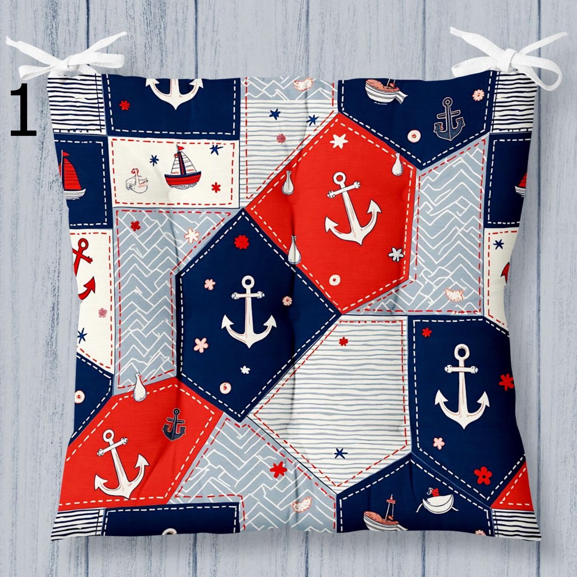 Nautical Anchor Chair Cushions, Coastal Patchwork Chair Pads, Vintage Maritime Seat Pads, Anchors & Stripes Chair Pads