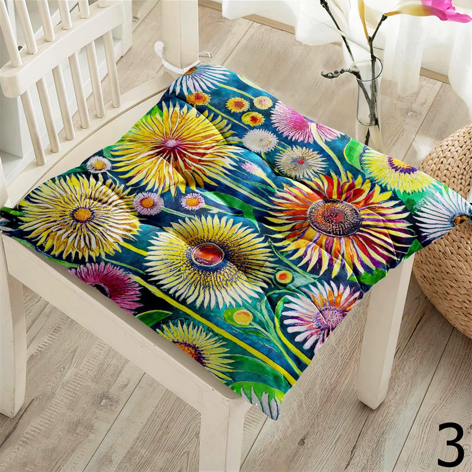 Floral Square Chair Pad, Wildfowers Chair Cushion with Ties, Floral Style Patio Chair Cushions, Colorful Floral Chair Pads