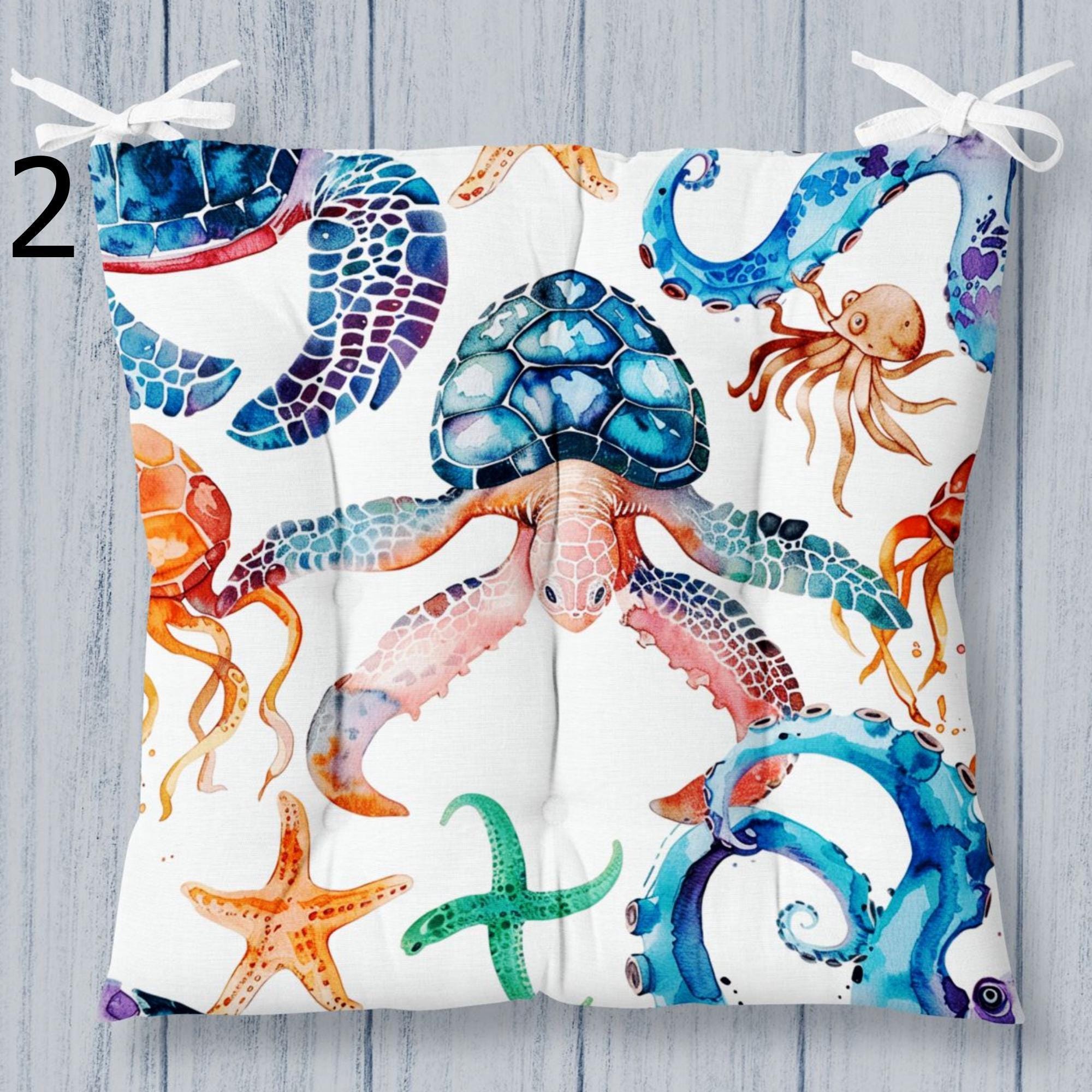 Coastal Sea Life Chair Cushion, Nautical Octopus & Turtle Seat Pads, Ocean Theme Chair Pads, Beach House Decor Chair Pads