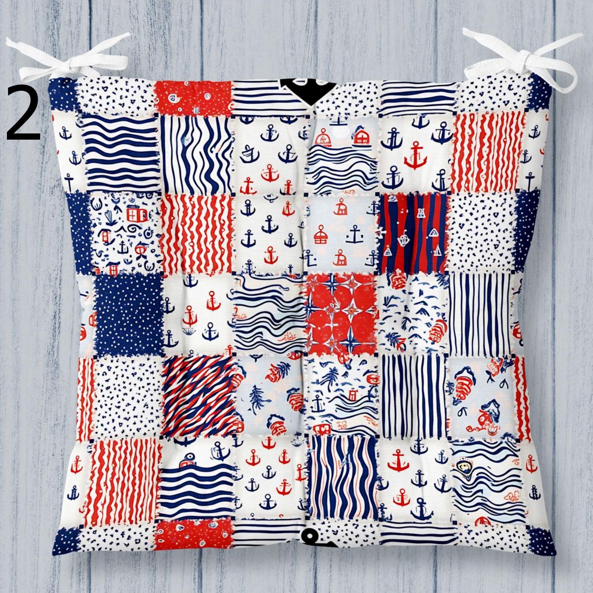 Nautical Anchor Chair Cushions, Coastal Patchwork Chair Pads, Vintage Maritime Seat Pads, Anchors & Stripes Chair Pads