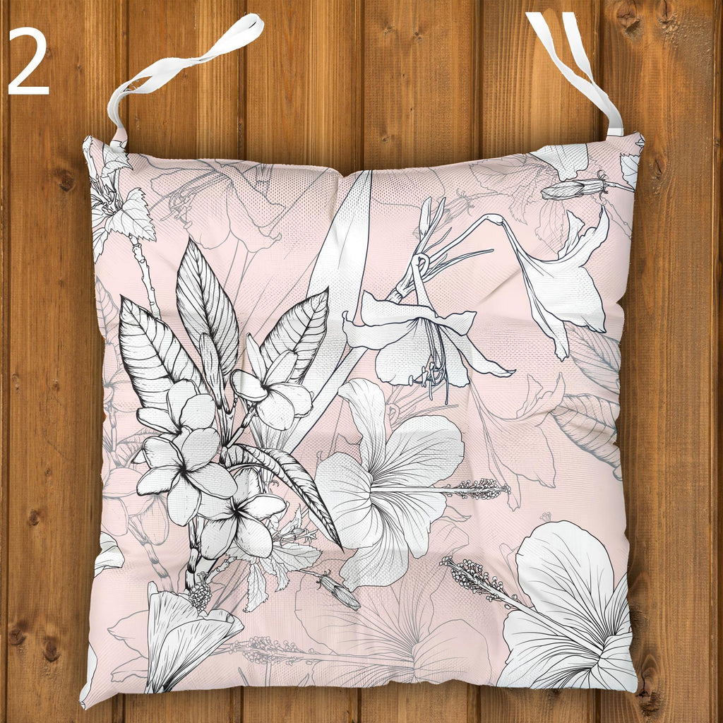 Tropical Chair Cushions, Hawaiian Chair Cushions, Botanical Seat Pads, Outdoor Patio Cushions, Exotic Floral Tie-On Chair Pads