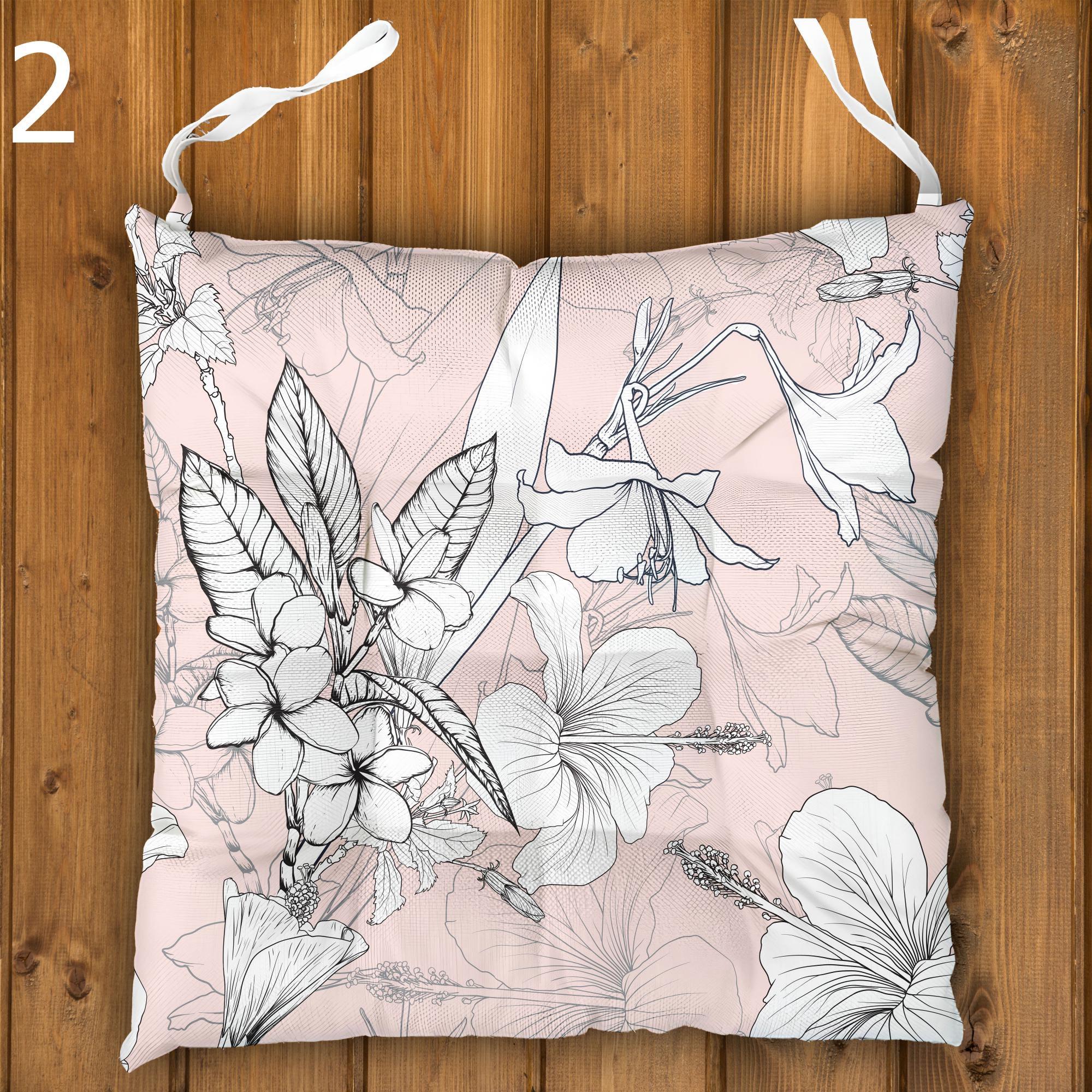 Tropical Chair Cushions, Hawaiian Chair Cushions, Botanical Seat Pads, Outdoor Patio Cushions, Exotic Floral Tie-On Chair Pads