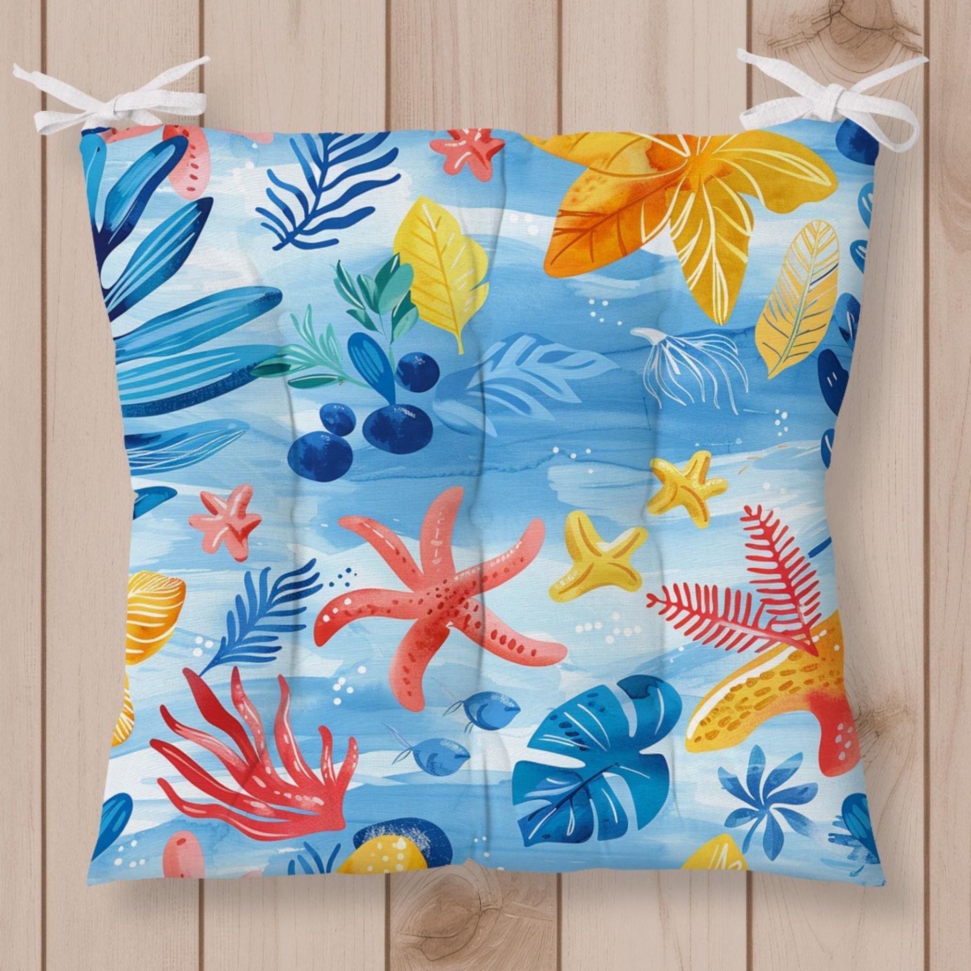 Coastal Chair Cushions with Ties, Beach Themed Starfish & Shell Seat Pads for Summer Decor