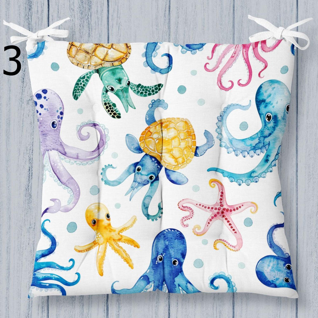 Coastal Sea Life Chair Cushion, Nautical Octopus & Turtle Seat Pads, Ocean Theme Chair Pads, Beach House Decor Chair Pads