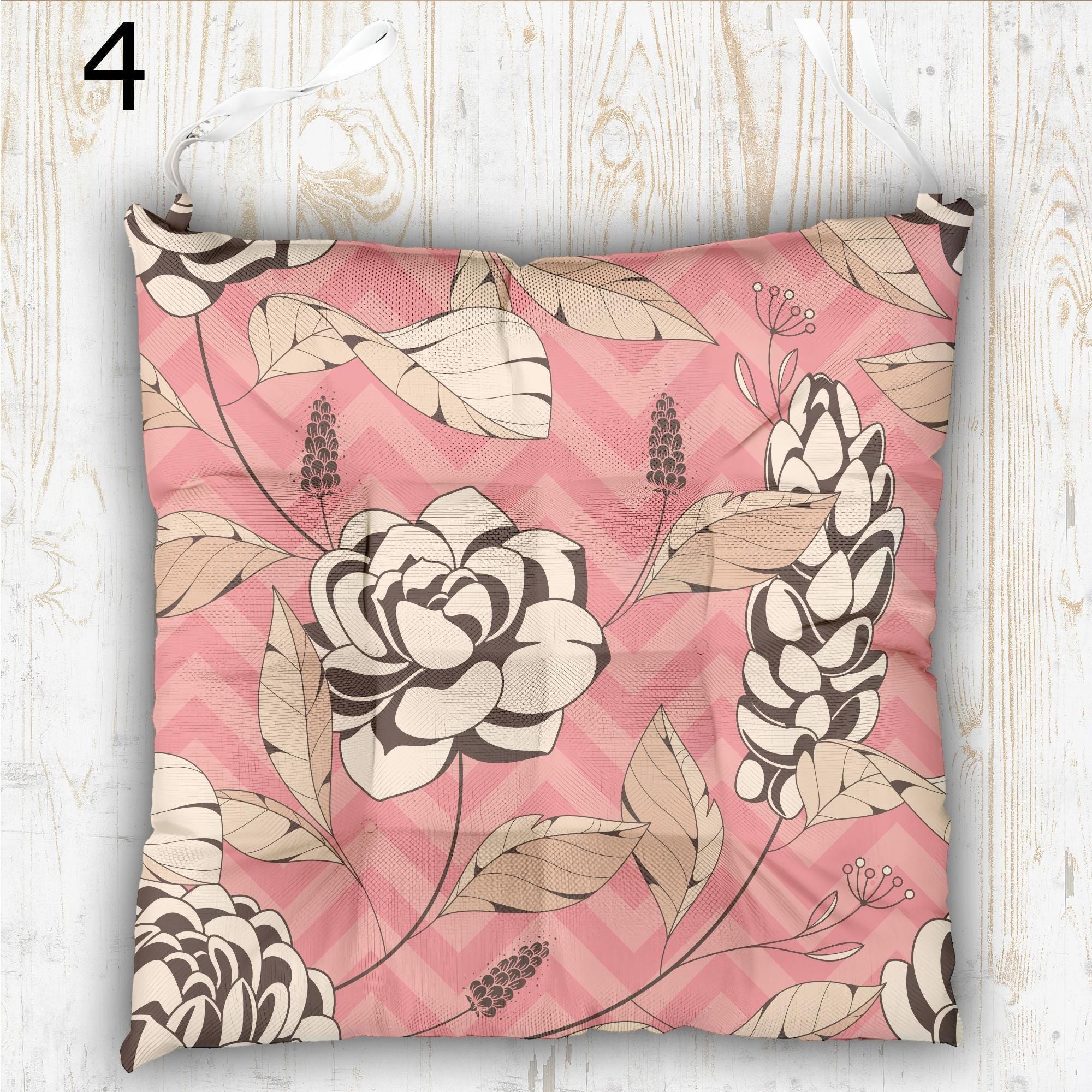 Floral Outdoor Print Chair Cushion, Flowers Waterproof Chair Pads, Colorful Floral Chair Pads with Ties, Summer Flowers Patio Chair Pads