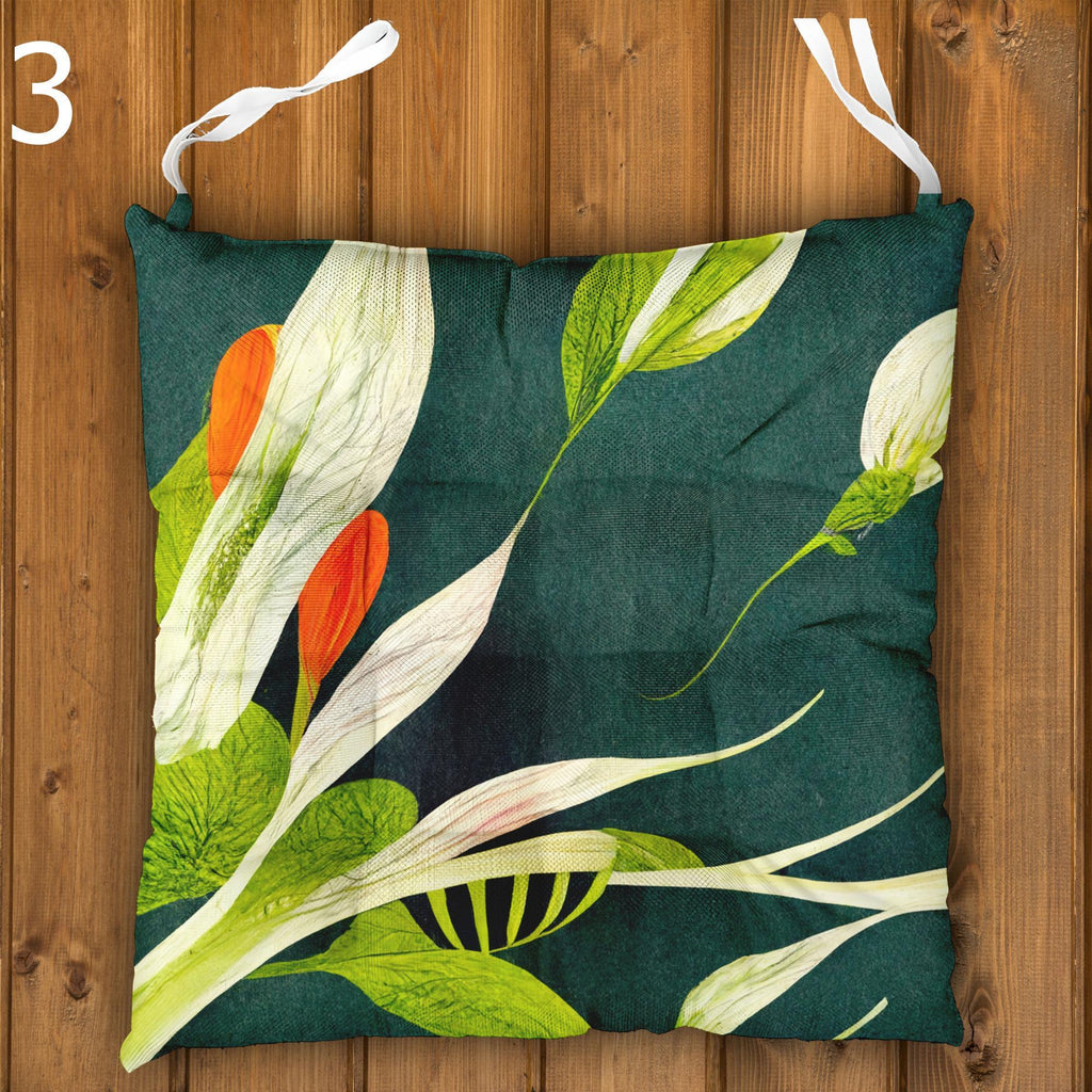 Tropical Chair Cushions, Hawaiian Chair Cushions, Botanical Seat Pads, Outdoor Patio Cushions, Exotic Floral Tie-On Chair Pads