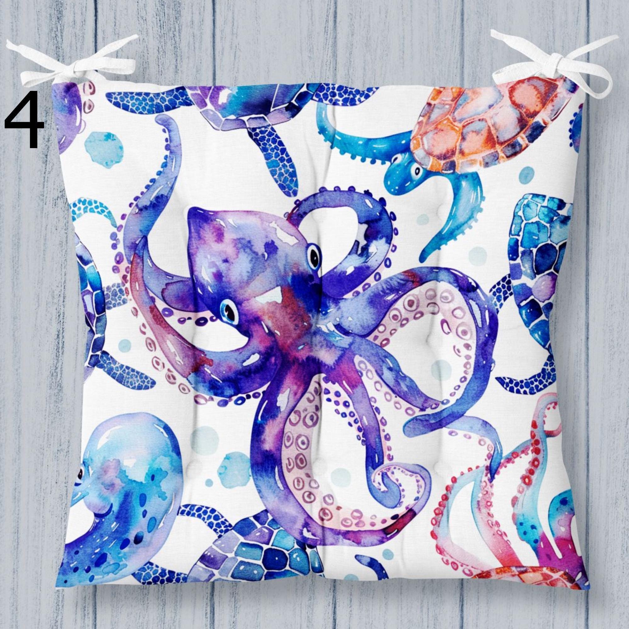 Coastal Sea Life Chair Cushion, Nautical Octopus & Turtle Seat Pads, Ocean Theme Chair Pads, Beach House Decor Chair Pads
