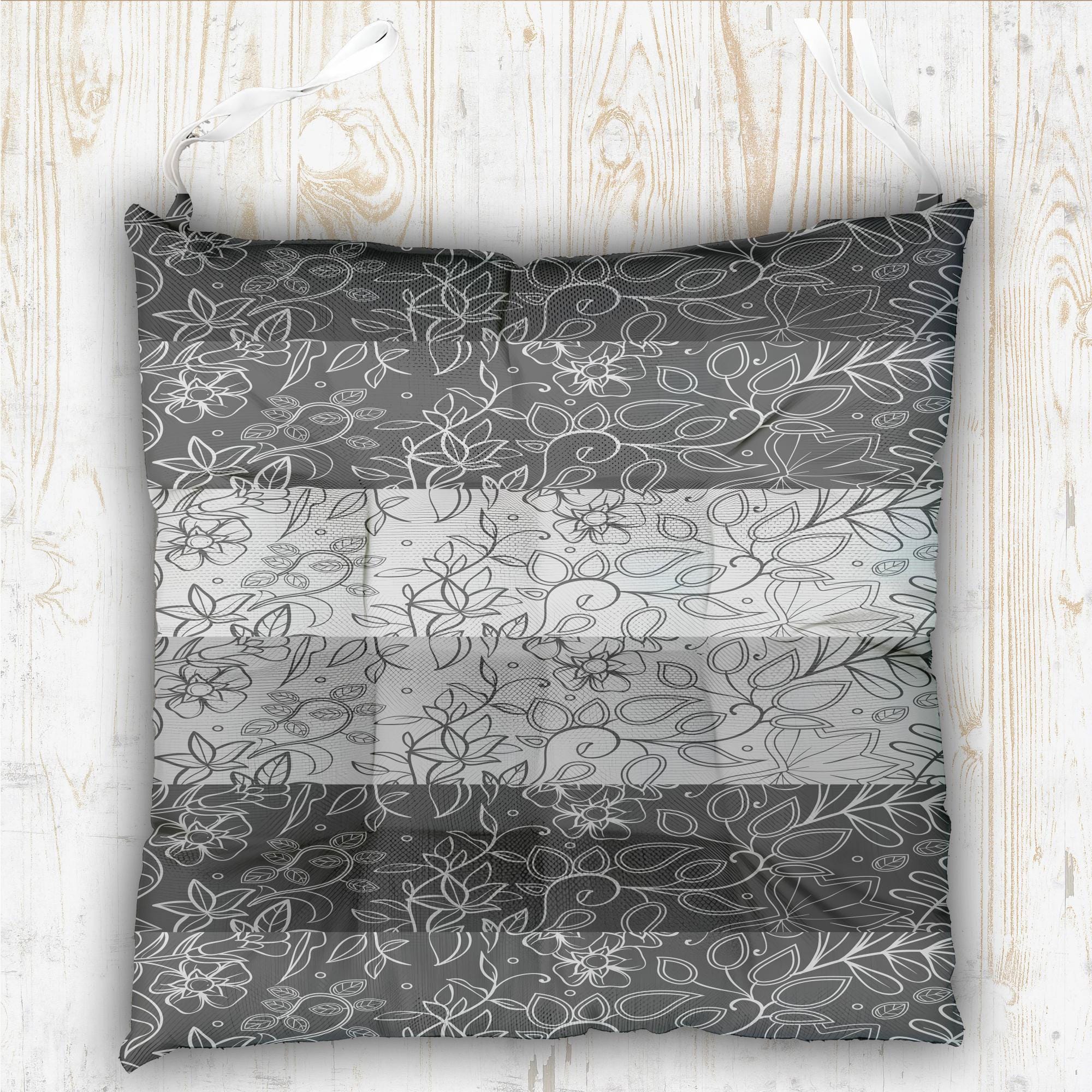 Floral Chair Pads  With Ties, Grey Floral Seat Cushions, Botanical Spring Chair Pillows, Cottagecore Bloom Tie-On Black Grey Chair Cushions