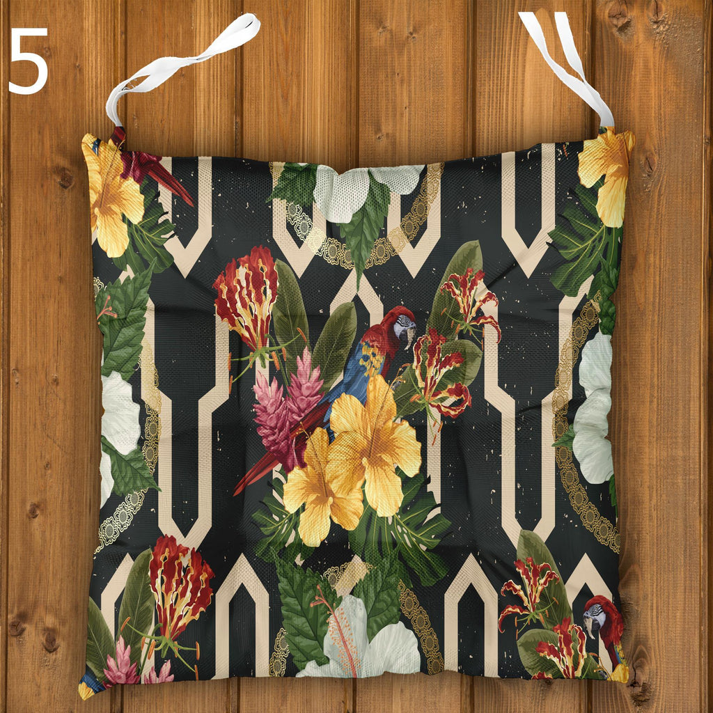 Tropical Chair Cushions, Parrot Seat Pads, Outdoor Patio Cushions, Leaf Print Chair Pads, Tropical Animals Seat Cushions
