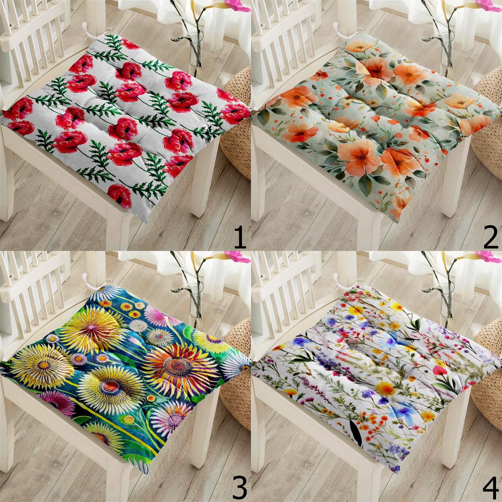 Floral Square Chair Pad, Wildfowers Chair Cushion with Ties, Floral Style Patio Chair Cushions, Colorful Floral Chair Pads