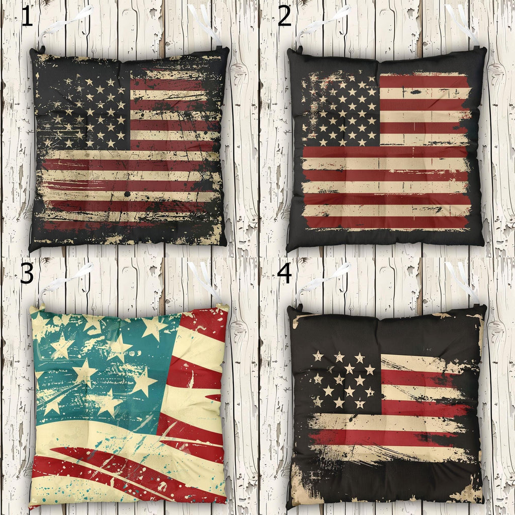 American Flag Chair Cushion With Ties, 4th July Tie-On Chair Pads, 4th July Seat Pads, Independence Day Chair Cushions, USA Flag Chair Pads