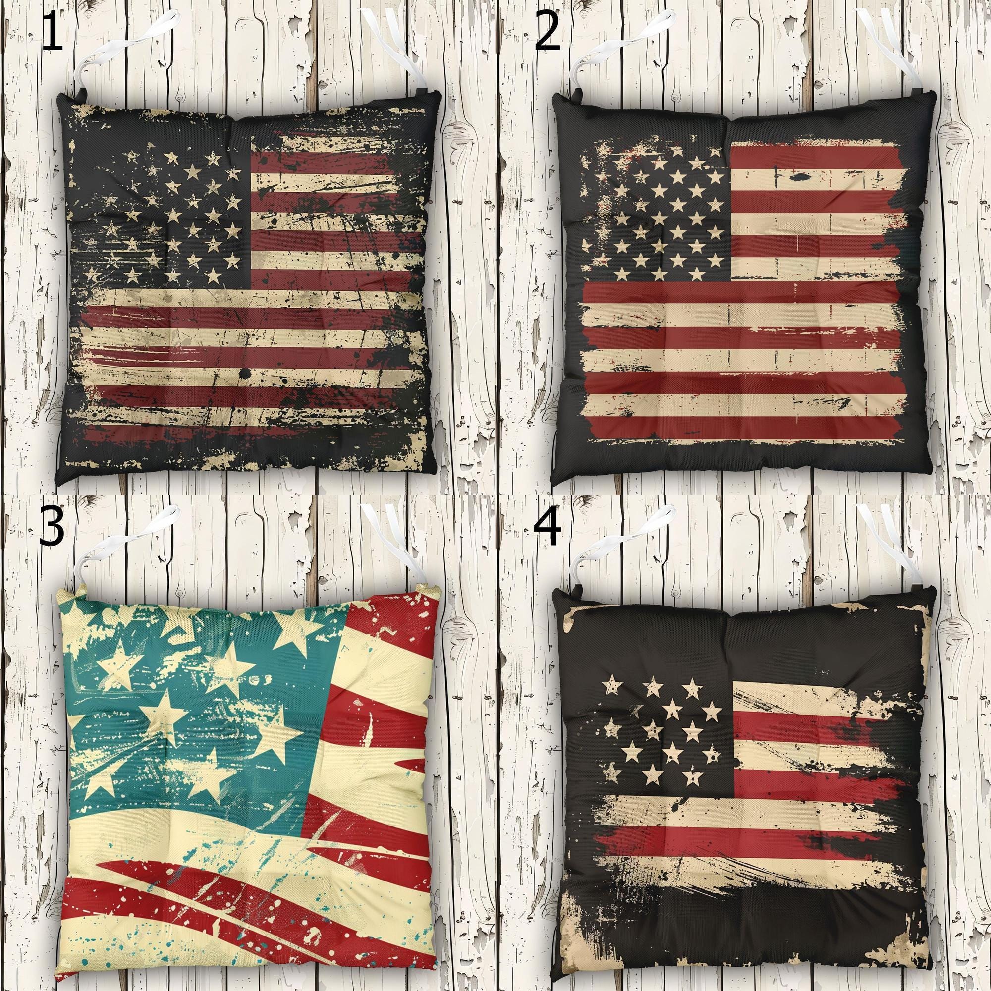 American Flag Chair Cushion With Ties, 4th July Tie-On Chair Pads, 4th July Seat Pads, Independence Day Chair Cushions, USA Flag Chair Pads