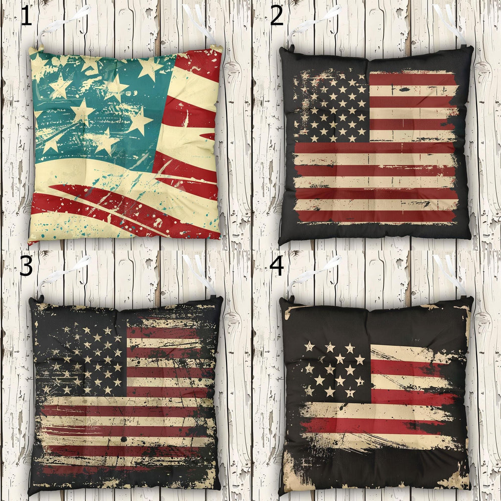 American Flag Chair Cushion With Ties, 4th July Patriotic Printed Seat Pads, Independence Day Chair Cushions, 4th July Tie-On Chair Pads