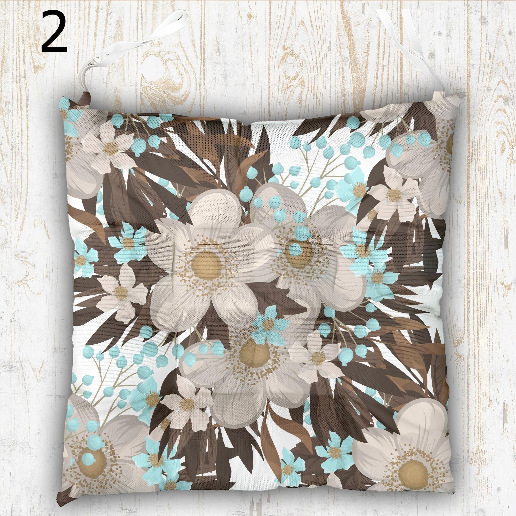 Summer Flowers Patio Chair Pad, Floral Outdoor Print Chair Cushion, Flowers Waterproof Chair Pads, Colorful Floral Chair Pads with Ties