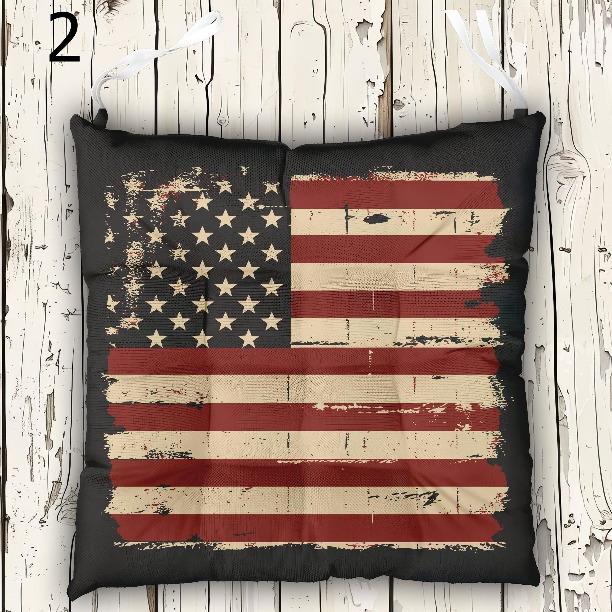 American Flag Chair Cushion With Ties, 4th July Tie-On Chair Pads, 4th July Seat Pads, Independence Day Chair Cushions, USA Flag Chair Pads