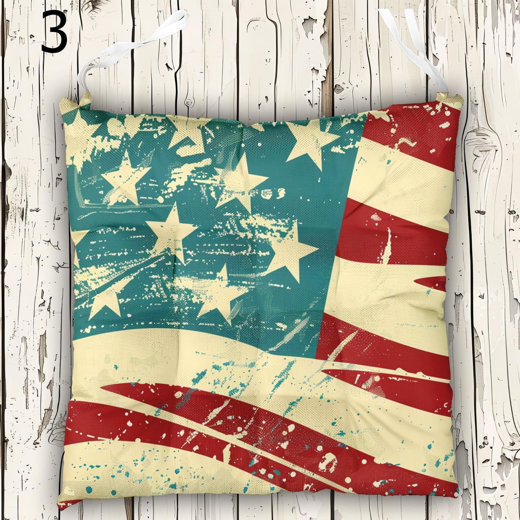 American Flag Chair Cushion With Ties, 4th July Tie-On Chair Pads, 4th July Seat Pads, Independence Day Chair Cushions, USA Flag Chair Pads