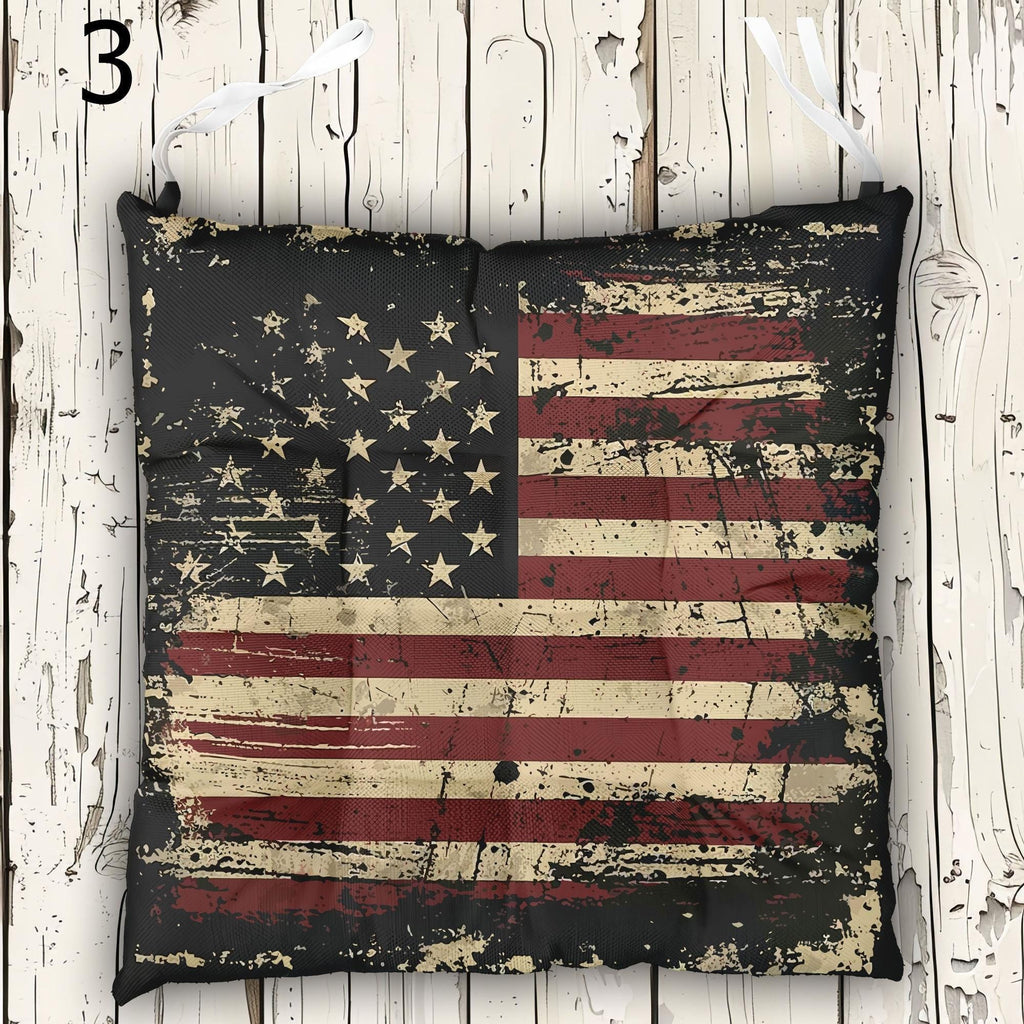 American Flag Chair Cushion With Ties, 4th July Patriotic Printed Seat Pads, Independence Day Chair Cushions, 4th July Tie-On Chair Pads