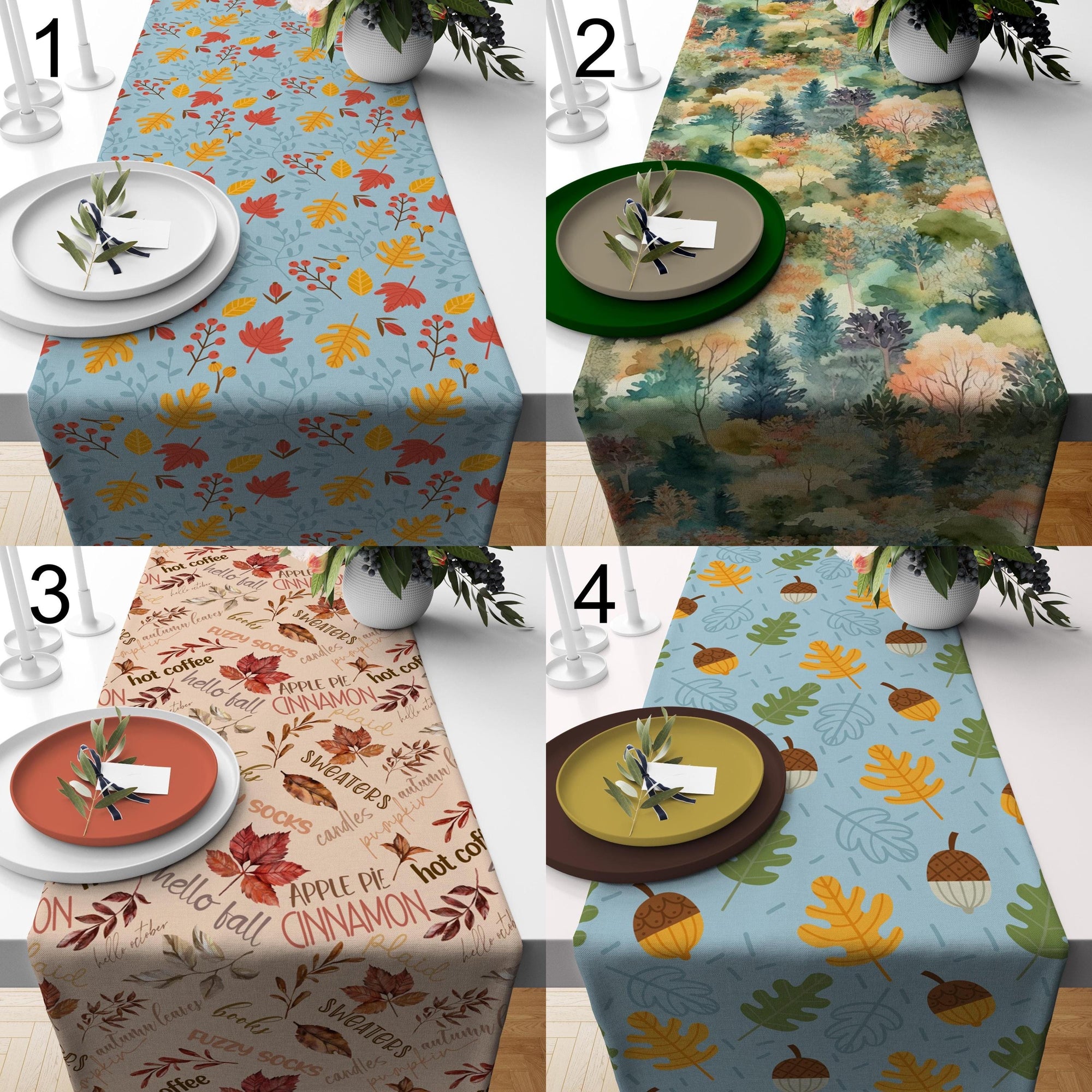 Rustic Fall Table Runner, Autumn Leaves Party Table Decor, Hello Fall Table Runners, Watercolor Autumn Landscape Table Runners