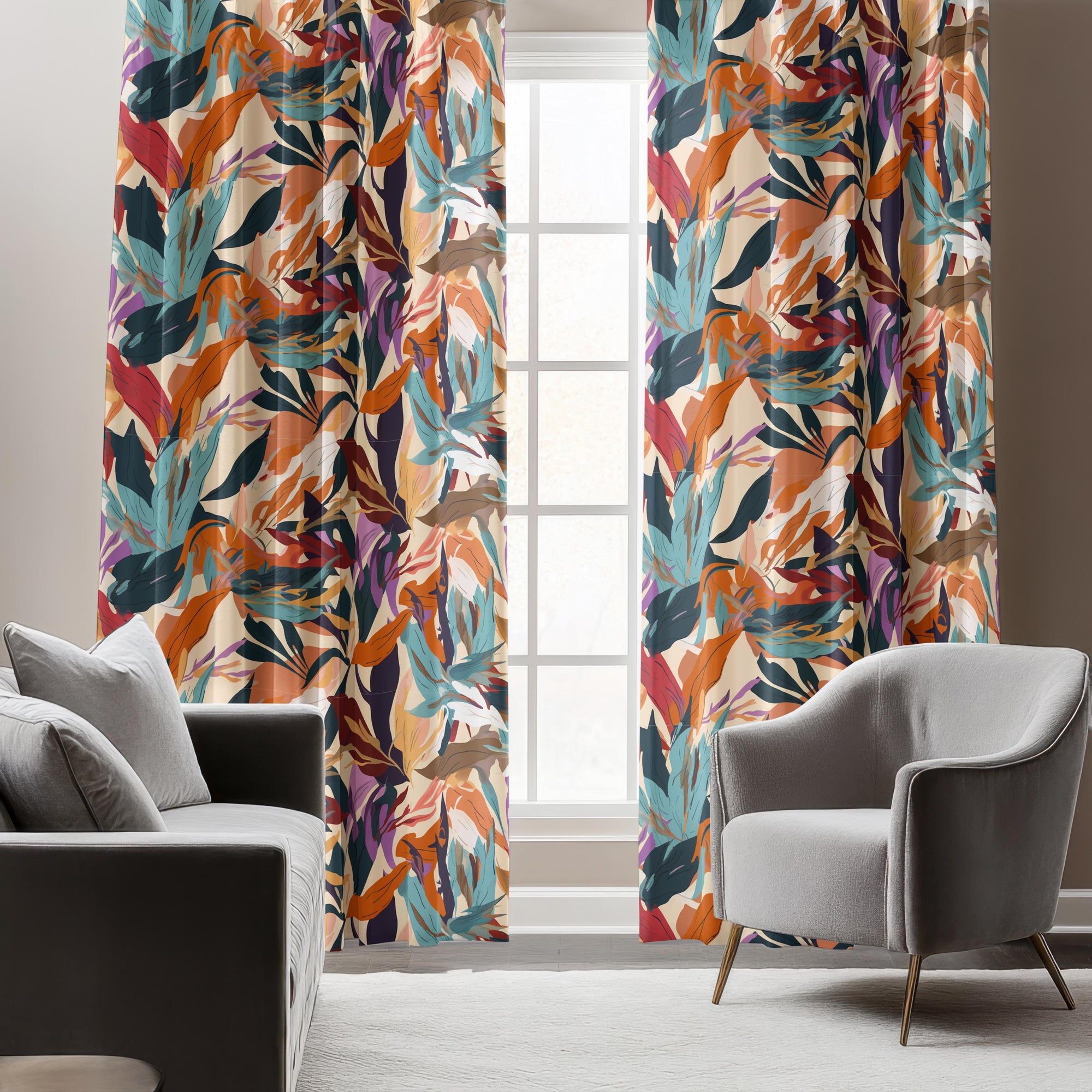 Botanic Leaves Curtains, Modern Tropical Leaves Curtain, Exotic Leaf Curtains, Bold Tropical Curtains, Colorful Botanical Window Drapes