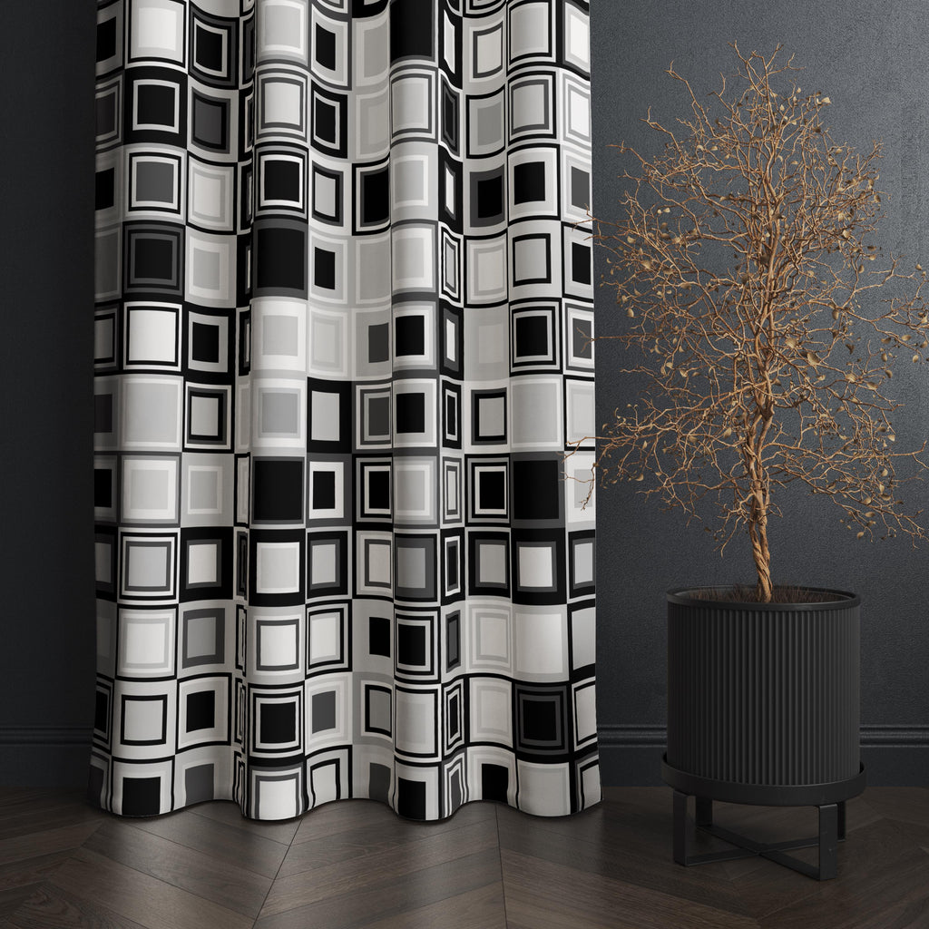 Black and White Geometric Curtain, Modern Square Pattern Window Panel, Minimalist Graphic Drapes, Monochrome Art Curtain, Modern Panels