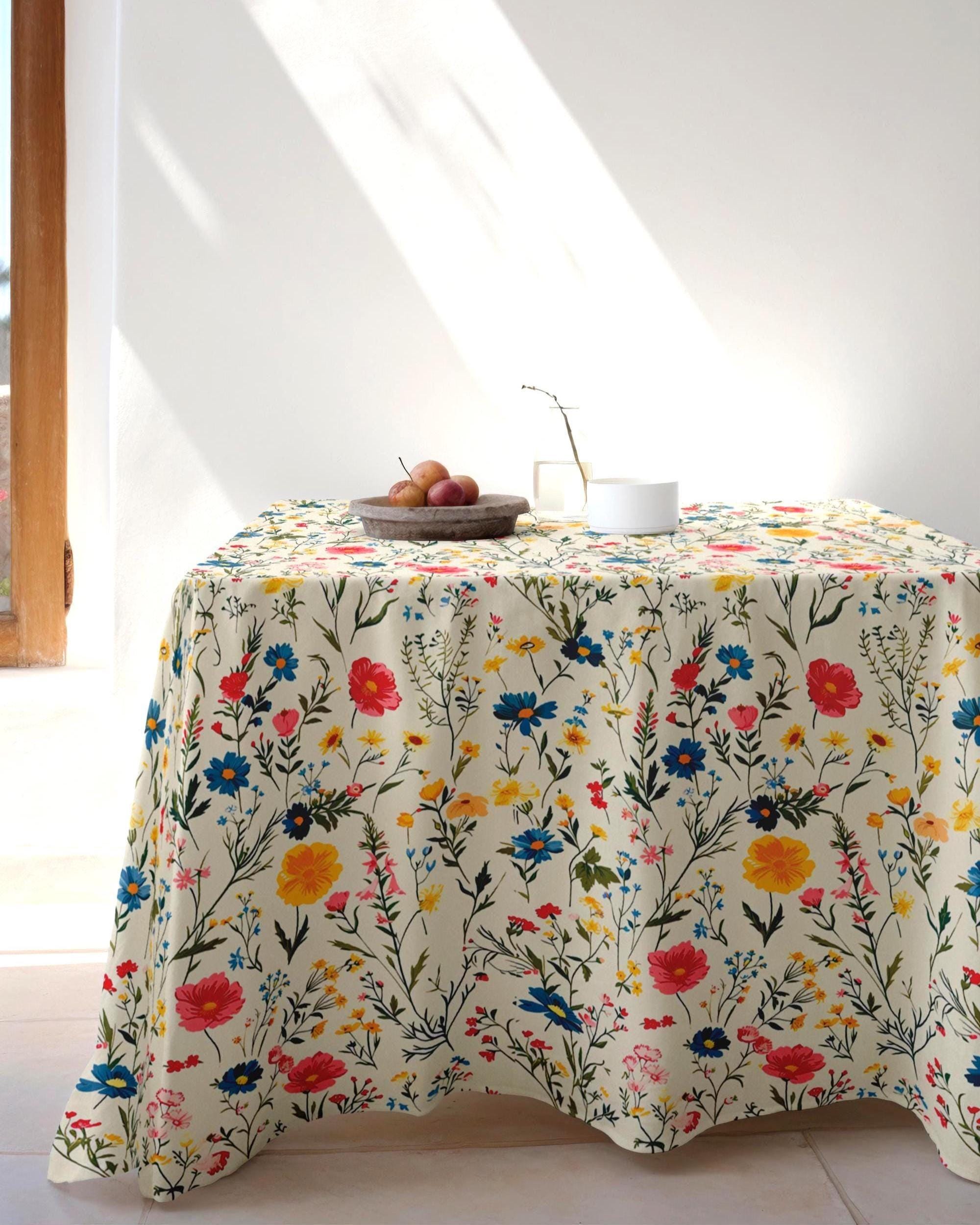 Floral Print Tablecloths, Wildflowers Rectangle Tablecloths, Flowers Table Cloth, Botanical Tablecloth, France Decor Vintage Tablecloth
