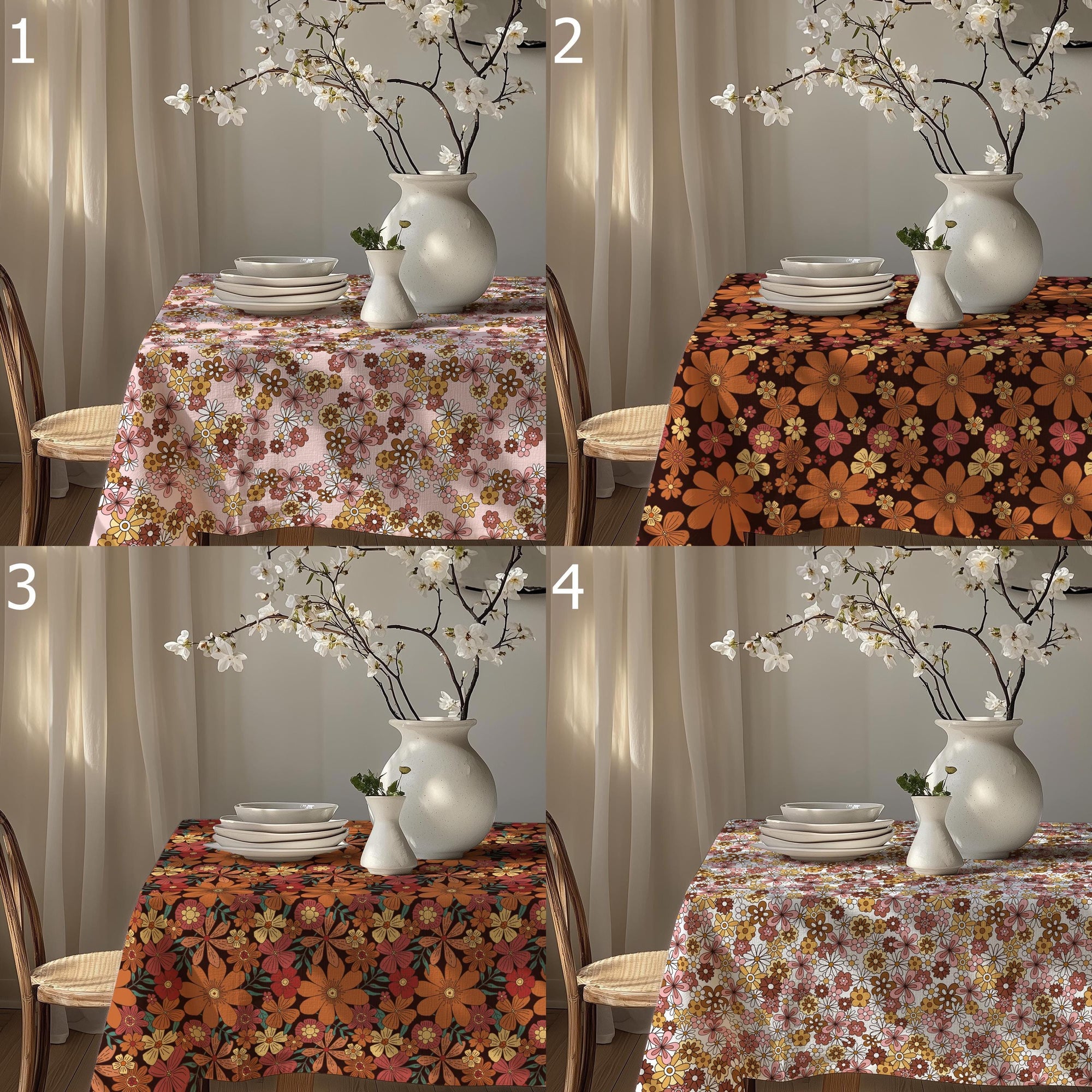 Floral Tablecloths, Retro Flowers Tablecloths, Retro Floral Table Cover, 70s Floral Summer Table Linens, Flowers Print Tablecloth
