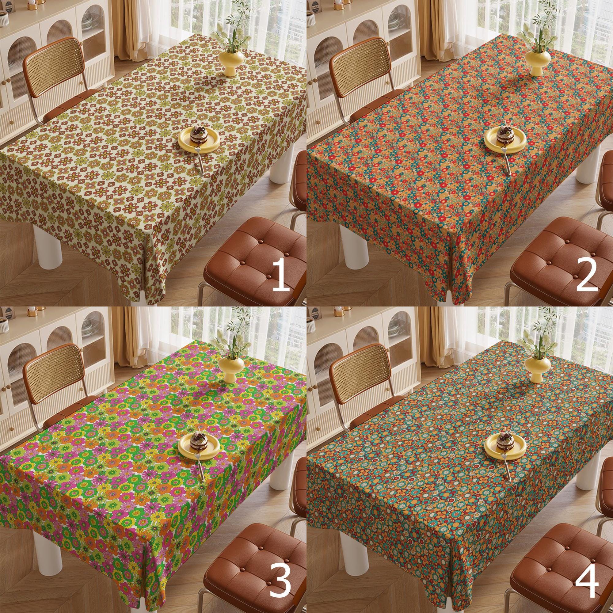 Retro Floral Tablecloths, Mid Century Flower Print Table Cloths, Retro Flower Table Cover, 60s 70s Boho Floral Kitchen Table Linens