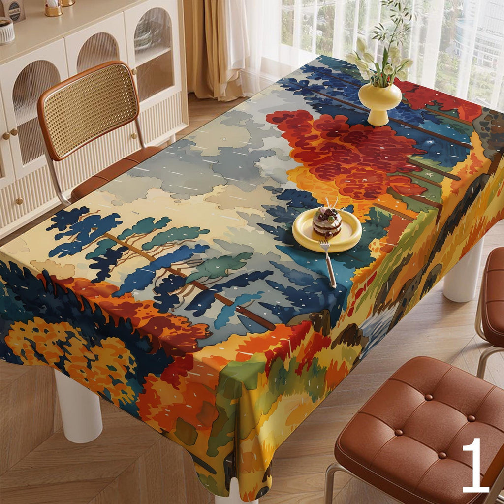 Multicolor Autumn Landscape Tablecloth, Fall Abstract Leaf Table Covers, Fall Landscape Tablecloth,  Thanksgiving Printed Tablecloths