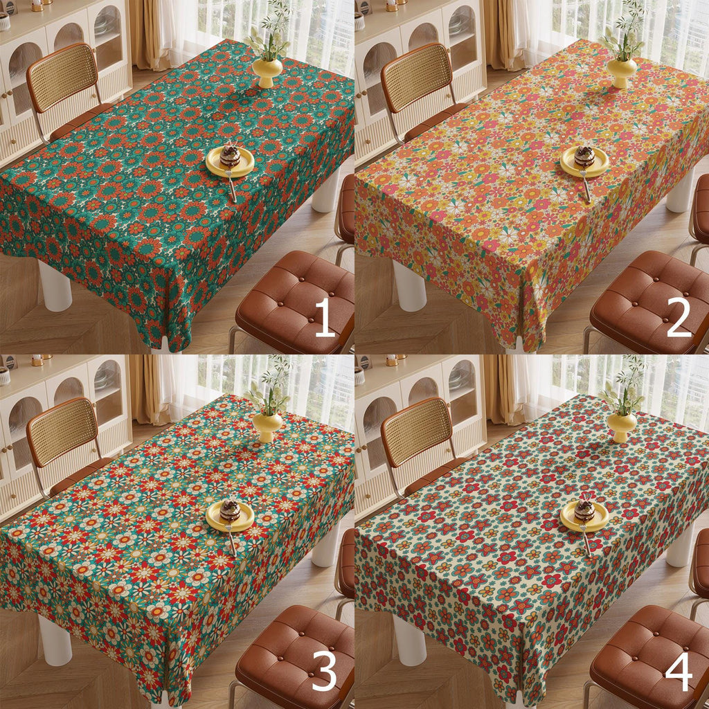 Retro Flower Table Cover, 60s 70s Boho Floral Kitchen Table Linens, Retro Floral Tablecloths, Mid Century Flower Print Table Cloths,