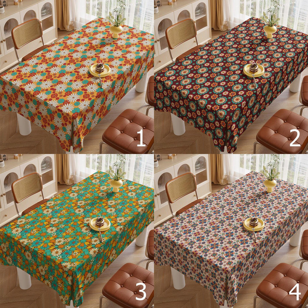Retro Floral Tablecloths, Retro Flower Table Cover, 60s 70s Boho Floral Kitchen Table Linens,  Mid Century Flower Print Table Cloths
