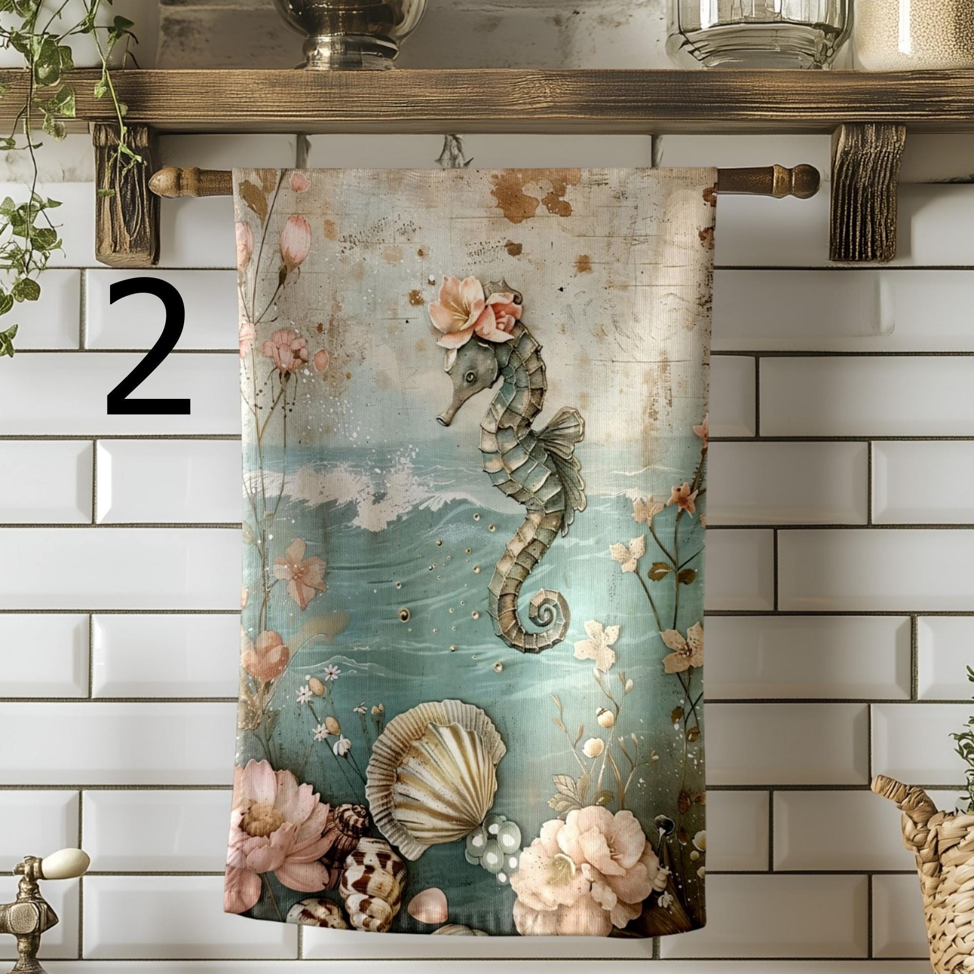 Mermaid Tea Towels, Whimsical Coastal Kitchen Decor, Ocean Fairy Tale Kitchen Towels, Vintage Sea Creatures Hand Towel, Mermaid Dish Towel