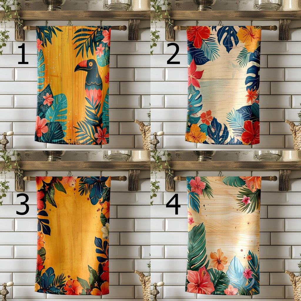 Toucan Hibiscus Tea Towels, Tropical Jungle Kitchen Towels, Summer Kitchen Decor, Island Style Hand Towels, Jungle Leaf Dish Towel