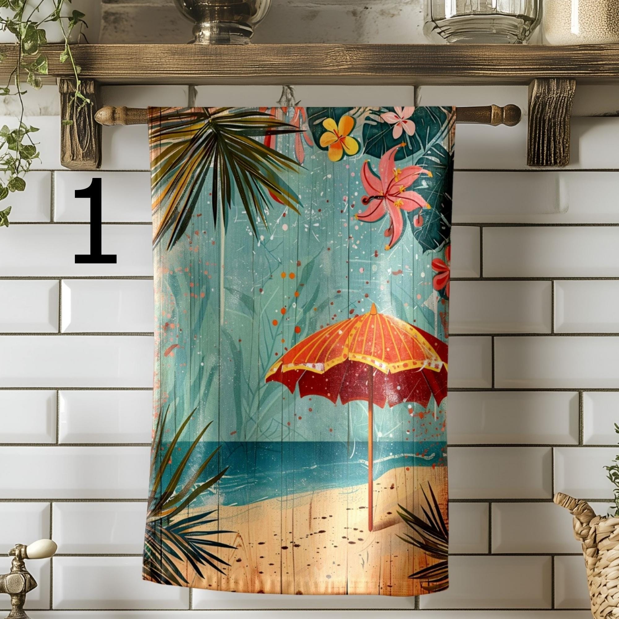 Retro Beach Tea Towels, Coastal Summer Kitchen Decor, Seaside Dish Towels, Tropical Retro Kitchen Towels, Summer Kitchen Gift