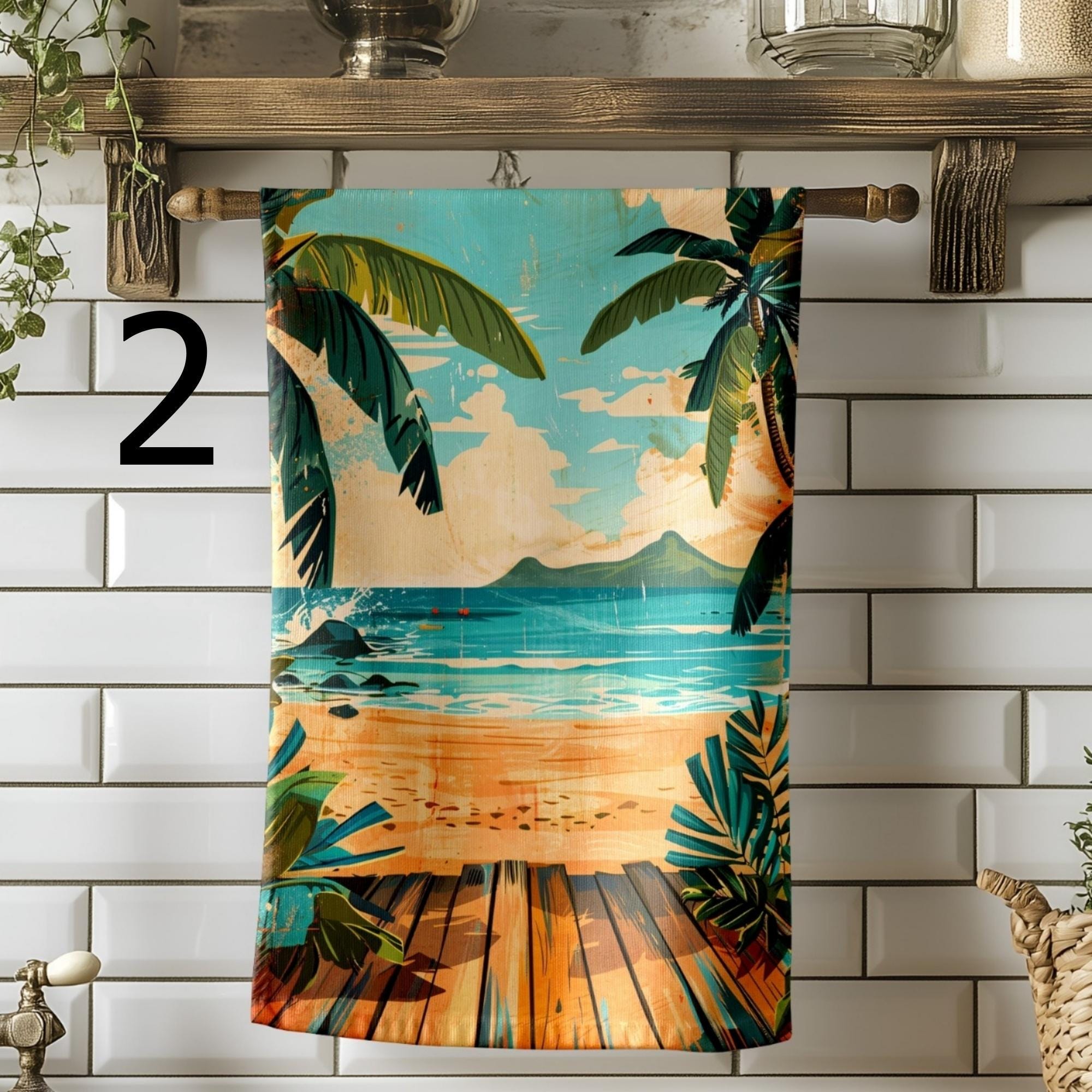 Retro Beach Tea Towels, Coastal Summer Kitchen Decor, Seaside Dish Towels, Tropical Retro Kitchen Towels, Summer Kitchen Gift