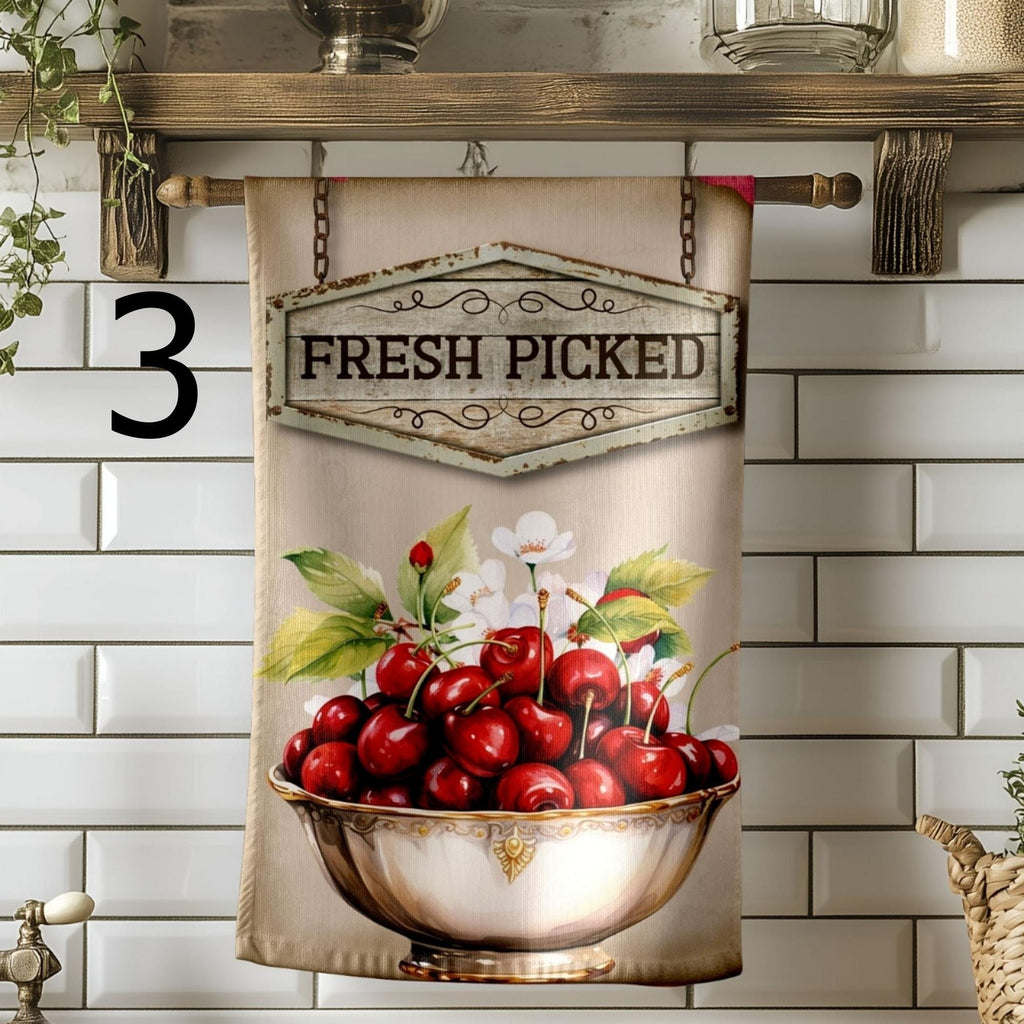 Cherry Tea Towels, Red Cherry Summer Kitchen Decor, Sweet Cherry Kitchen Towels, Fresh Picked Cherry Kitchen Towels, Summer Fruit Towels