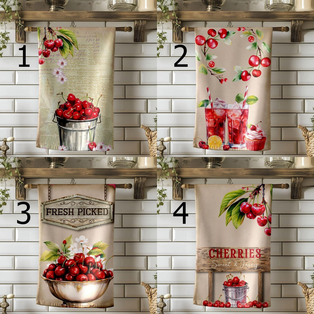 Cherry Tea Towels, Red Cherry Summer Kitchen Decor, Sweet Cherry Kitchen Towels, Fresh Picked Cherry Kitchen Towels, Summer Fruit Towels