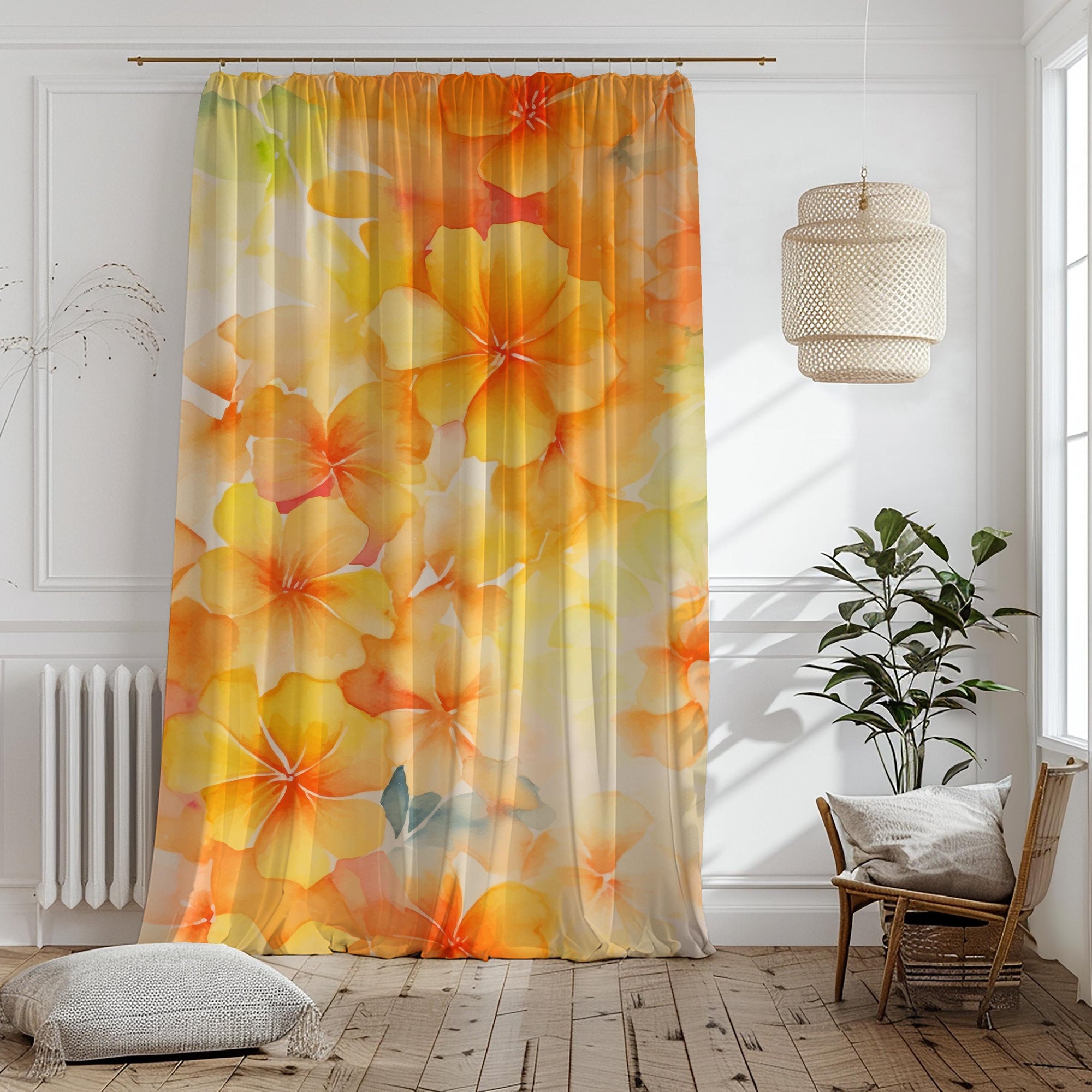 Watercolor Yellow Floral Curtain, Bright Cheerful Botanical Window Panel, Bright Yellow Floral Panels