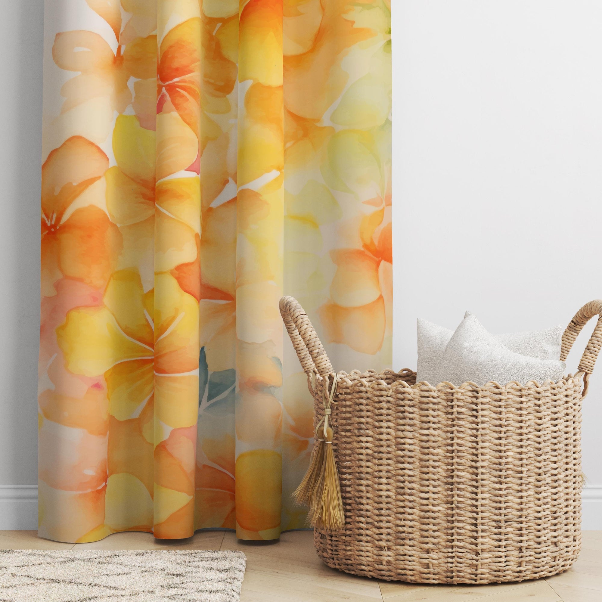 Watercolor Yellow Floral Curtain, Bright Cheerful Botanical Window Panel, Bright Yellow Floral Panels
