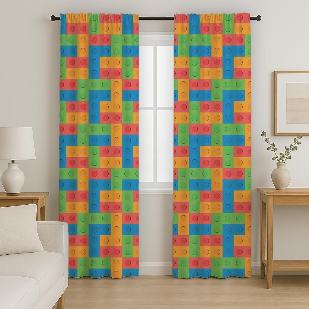Colorful Lego Block Curtains, Fun Playroom Window Panels for Kids Room Decor, Lego Design Panel Curtains, Kids Room Panel Curtain