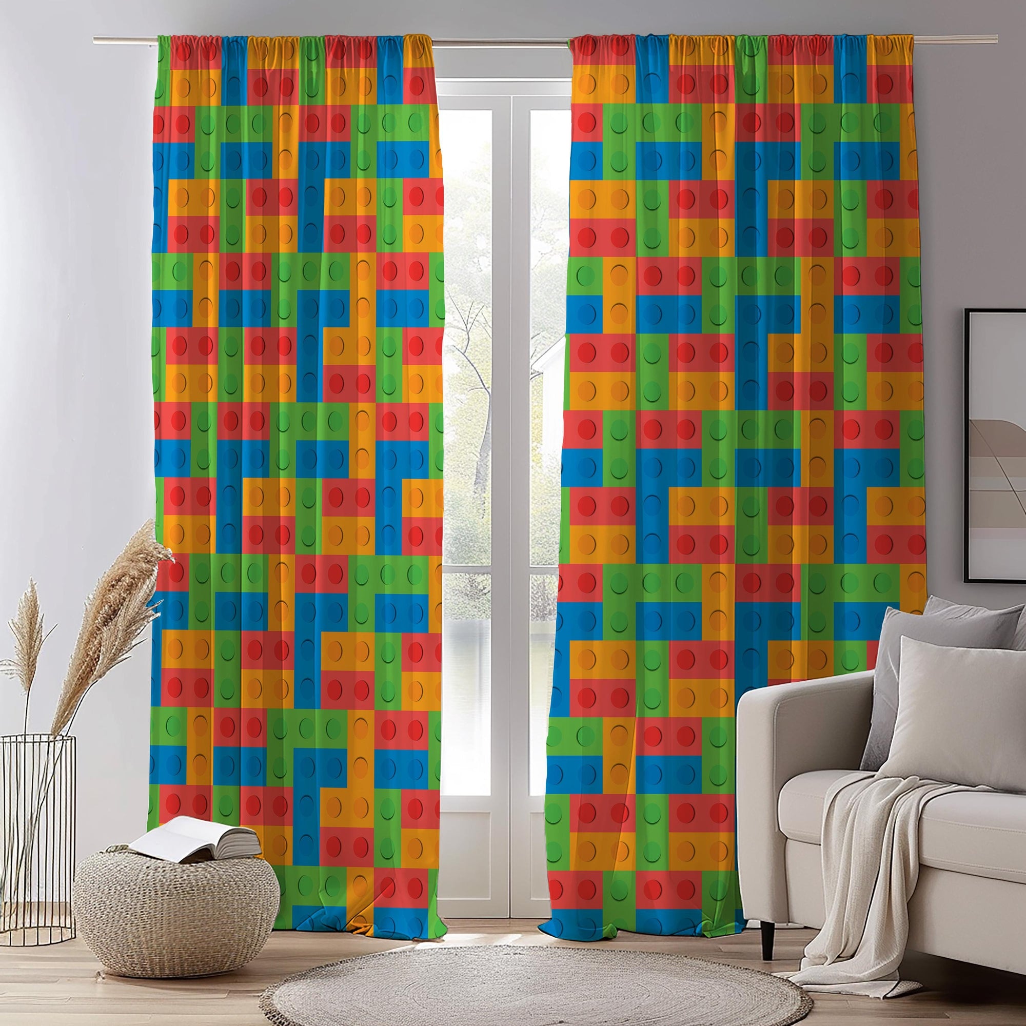 Colorful Lego Block Curtains, Fun Playroom Window Panels for Kids Room Decor, Lego Design Panel Curtains, Kids Room Panel Curtain