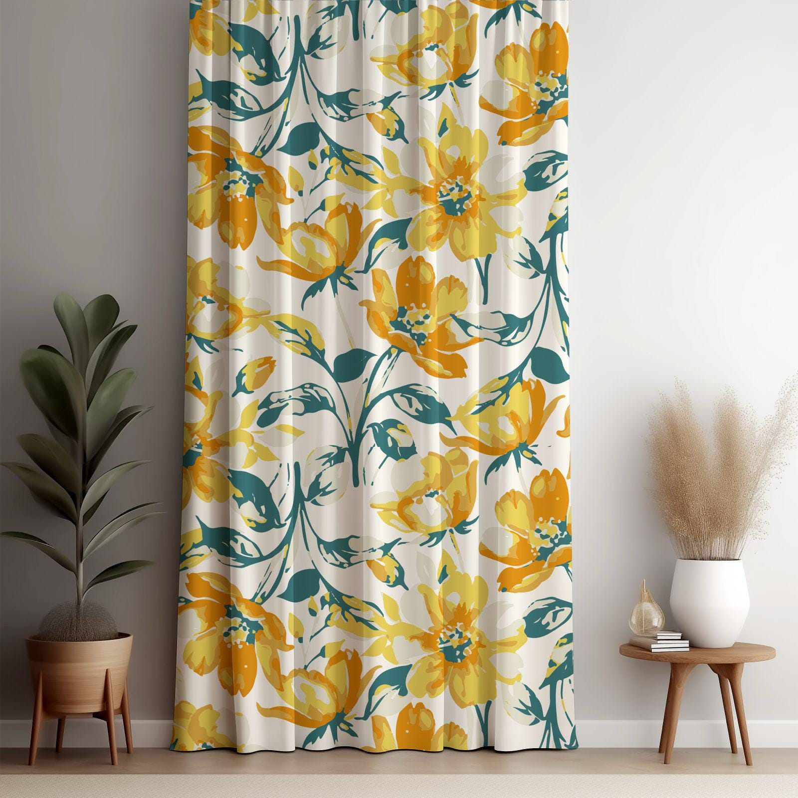 Floral Curtains, Yellow Floral Print Curtain Panel, Yellow Floral Drapes, Yellow and Green Flowers Curtain Panels, Floral Window Panel