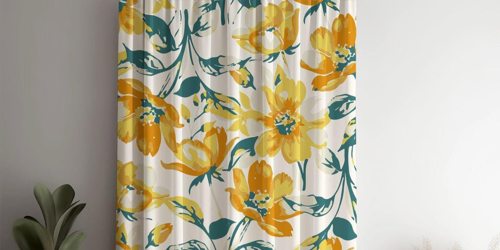Floral Curtains, Yellow Floral Print Curtain Panel, Yellow Floral Drapes, Yellow and Green Flowers Curtain Panels, Floral Window Panel