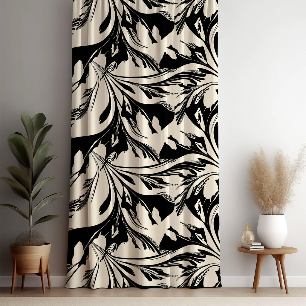 Black Curtain Panels, Retro Boho Curtains, Anthracite Grommets Panel, Black Abstract Retro Style Curtain, Dark Gray Curtain, Black Drapes