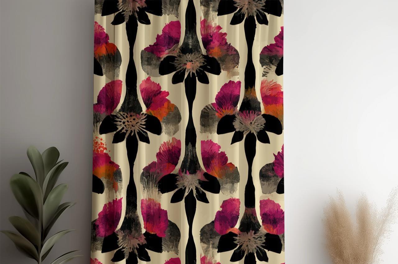 Modern Vintage Floral Curtains, Black Pink Purple Flowers Window Drapes, Flowers Print Curtains, Red Purple Floral Curtain Panels
