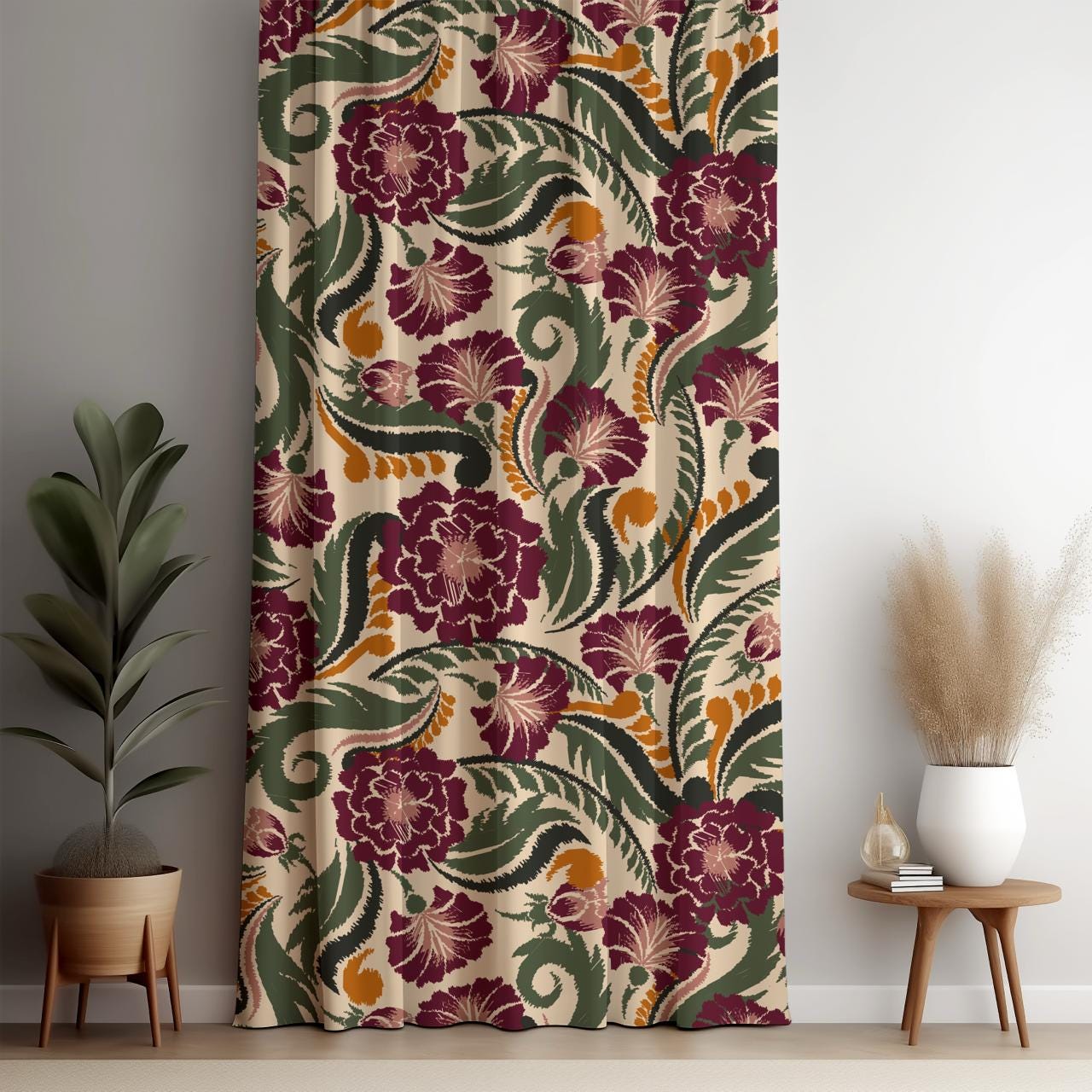 Modern Vintage Floral Window Curtains, Burgundy Green Leaves Botanical Drapes, Flowers Print Curtains, Red Purple Floral Curtain Panels