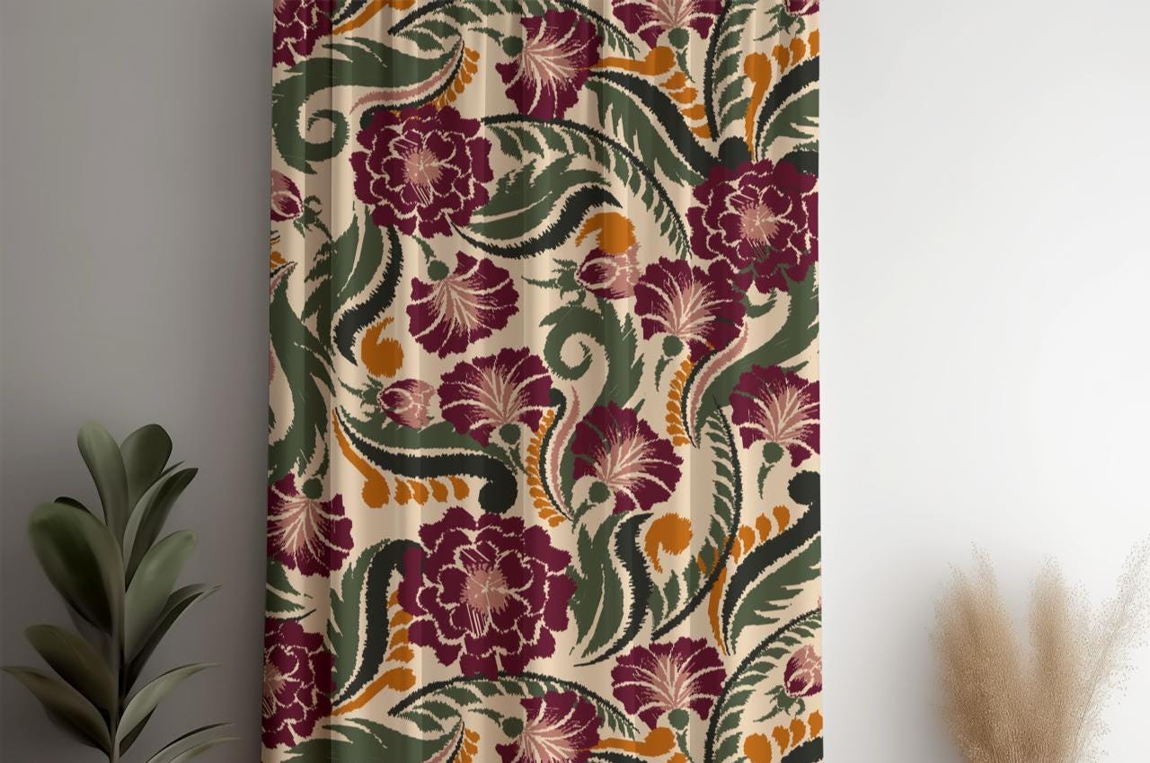 Modern Vintage Floral Window Curtains, Burgundy Green Leaves Botanical Drapes, Flowers Print Curtains, Red Purple Floral Curtain Panels