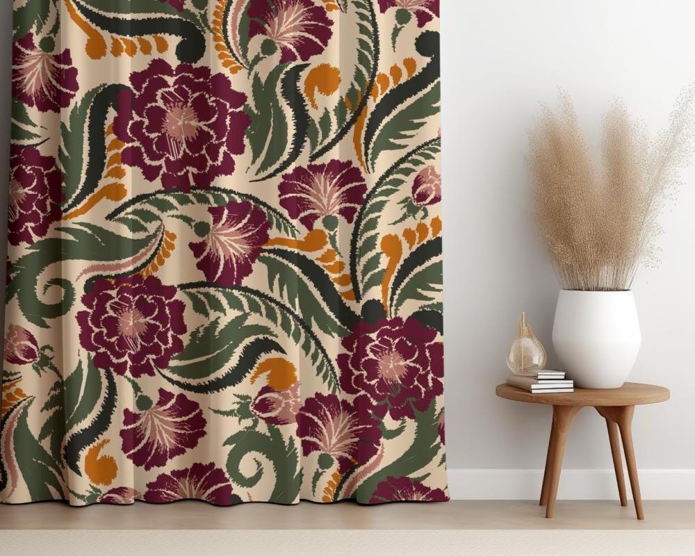 Modern Vintage Floral Window Curtains, Burgundy Green Leaves Botanical Drapes, Flowers Print Curtains, Red Purple Floral Curtain Panels