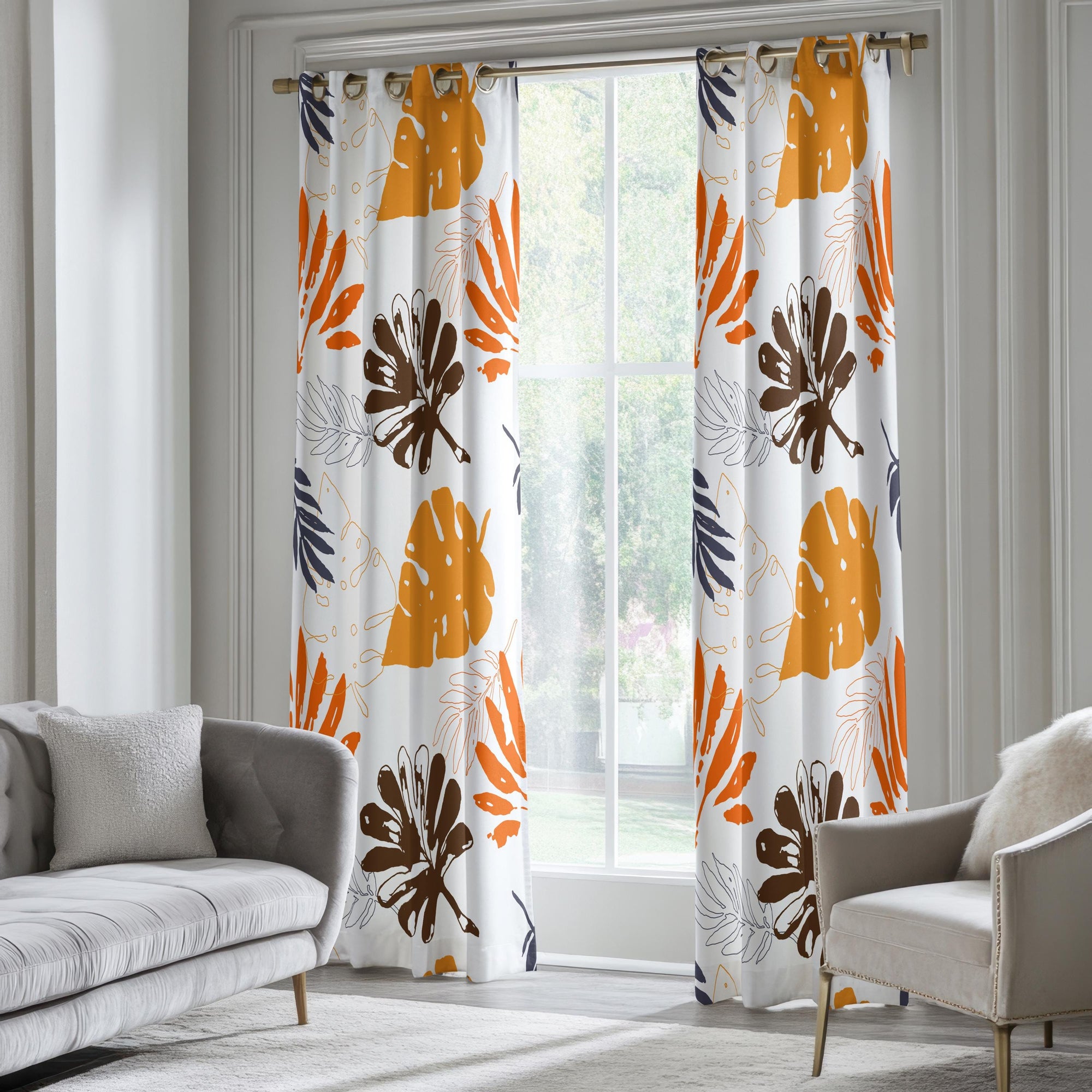 Bold Tropical Leaves Curtain, Orange Brown Monstera Print Window Panel for Fall Decor, Tropical Leaf Panels, Exotic Leaves Drapes