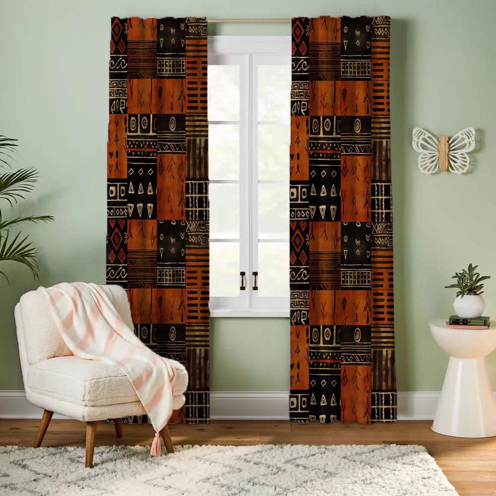 Ethnic Window Curtain Panels, African Mudcloth Curtain Panels, African Tribal Curtains, African Drapes, African Terracotta Printed Curtains