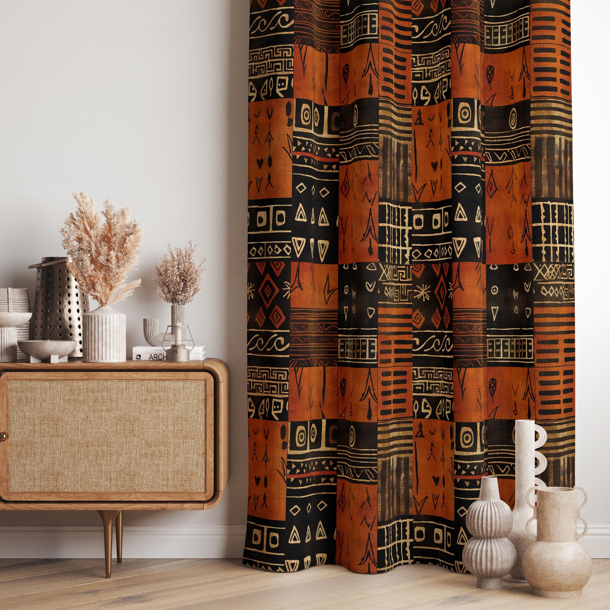 Ethnic Window Curtain Panels, African Mudcloth Curtain Panels, African Tribal Curtains, African Drapes, African Terracotta Printed Curtains